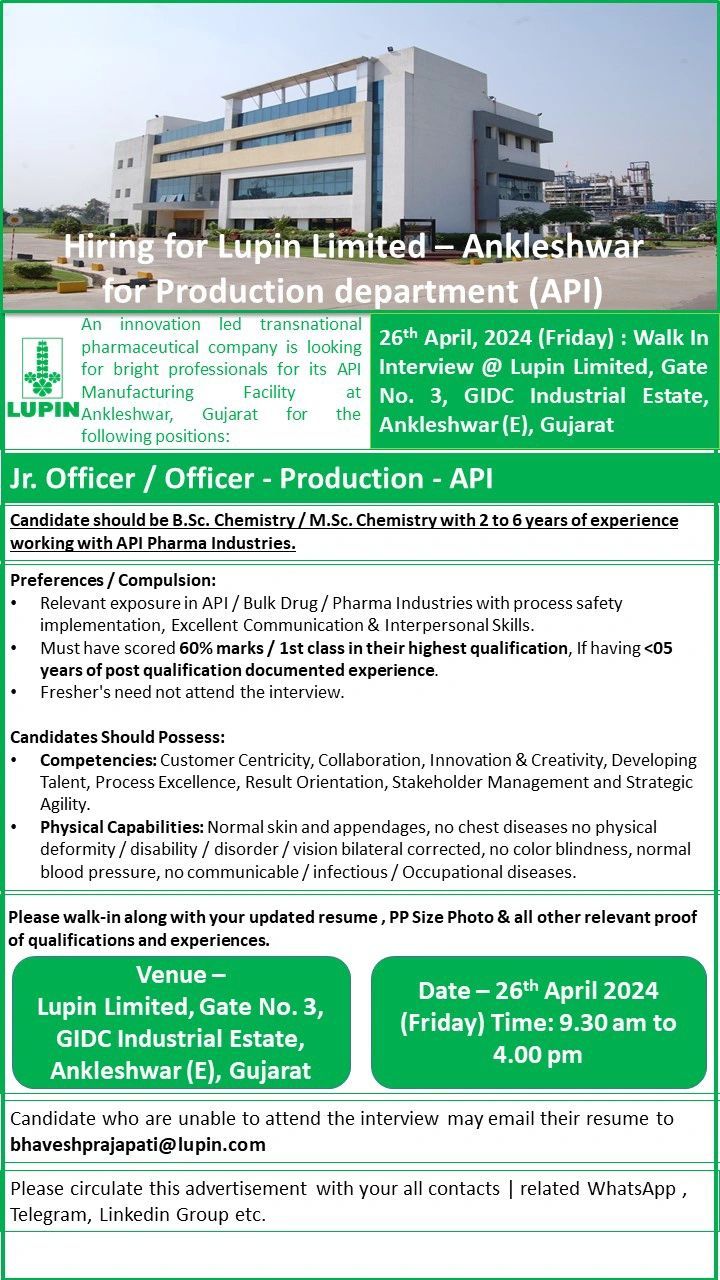 Lupin Limited walk-in interviews on 26th Apr 2024